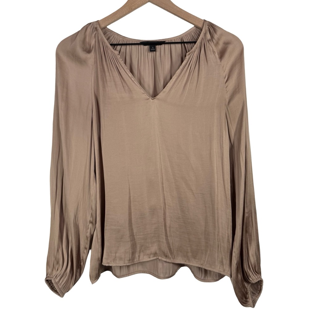 Banana Republic Taupe Champagne Satin V-Neck Blouse Bishop Sleeve Small - Picture 3 of 7